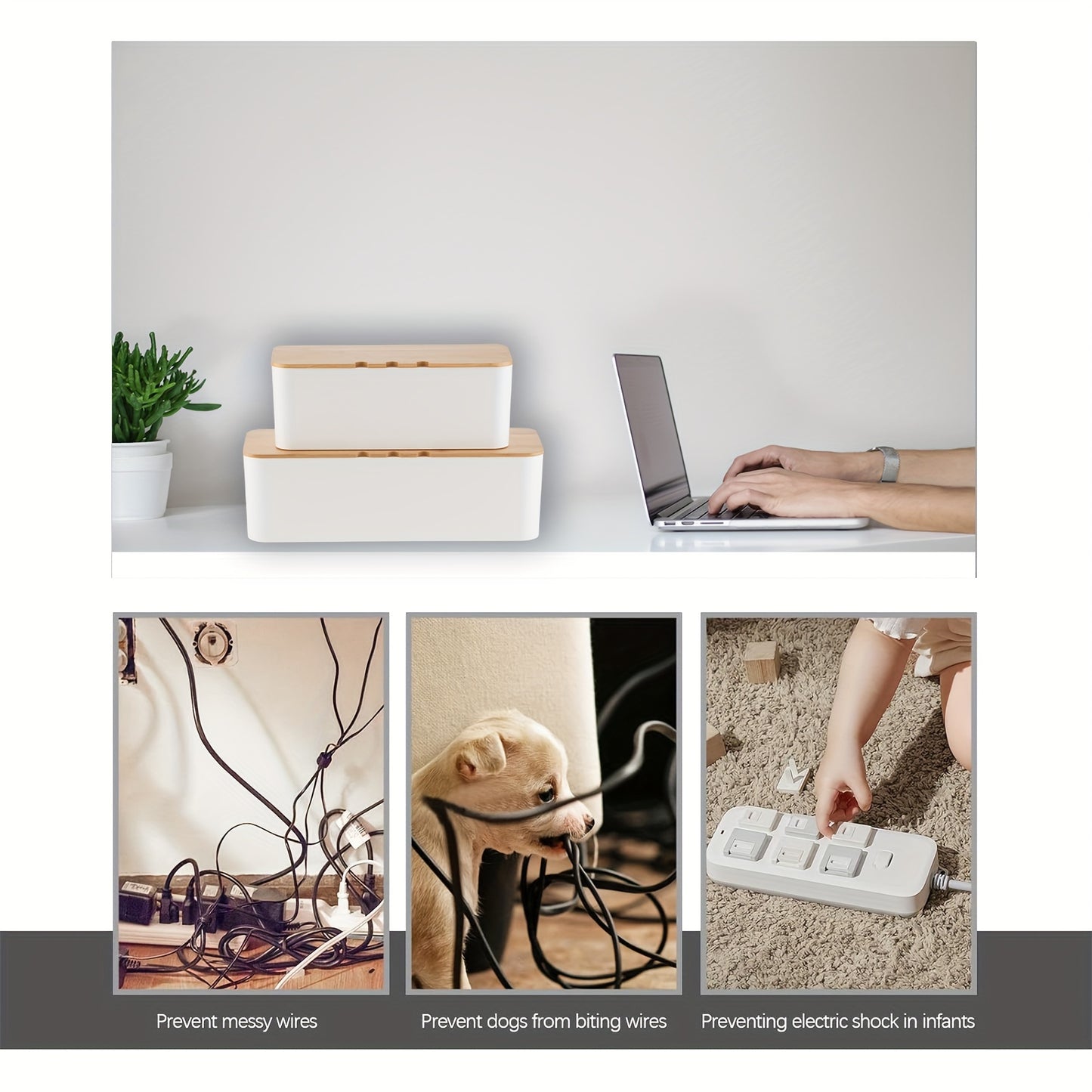Large & Medium Cable Organizer Box with Bamboo Lid-White