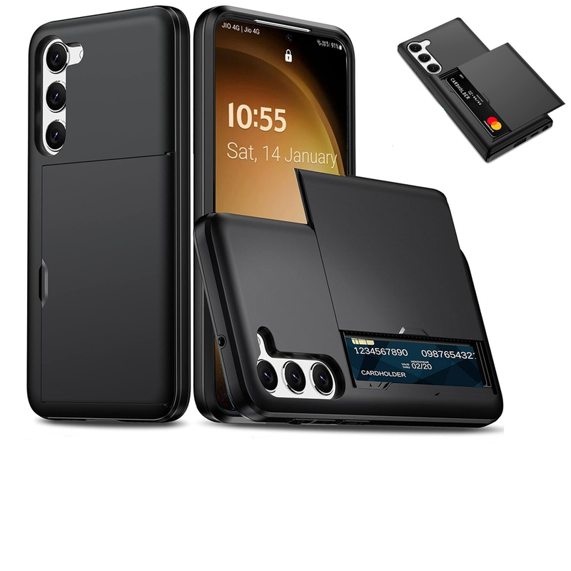 For Samsung Galaxy S23 Plus Slide Case Card Holder Black + 2 Screen Protectors