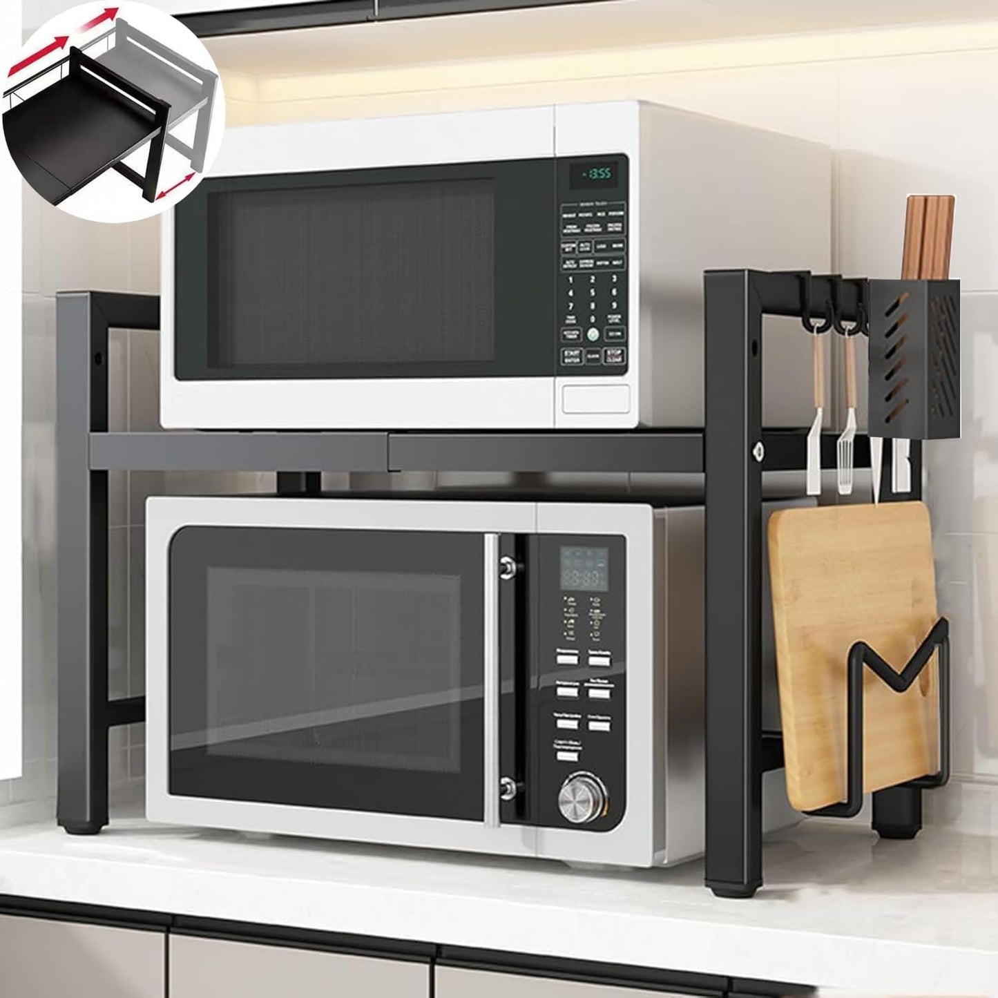 Universal Expandable Microwave Oven Rack, 2 Tier Kitchen Countertop Shelf