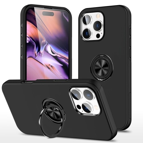 For iPhone 14 Pro Slim Case with Metal Ring Stand,Black