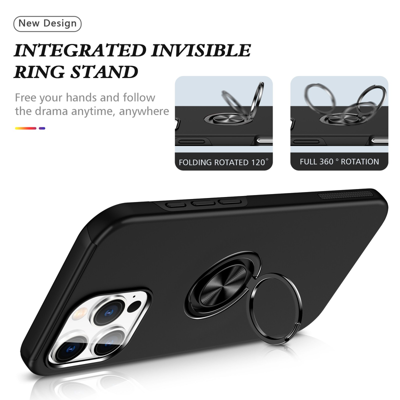 For iPhone 14 Pro Slim Case with Metal Ring Stand,Black