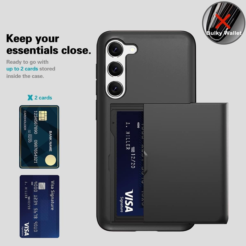 For Samsung Galaxy S23 Plus Slide Case Card Holder Black + 2 Screen Protectors