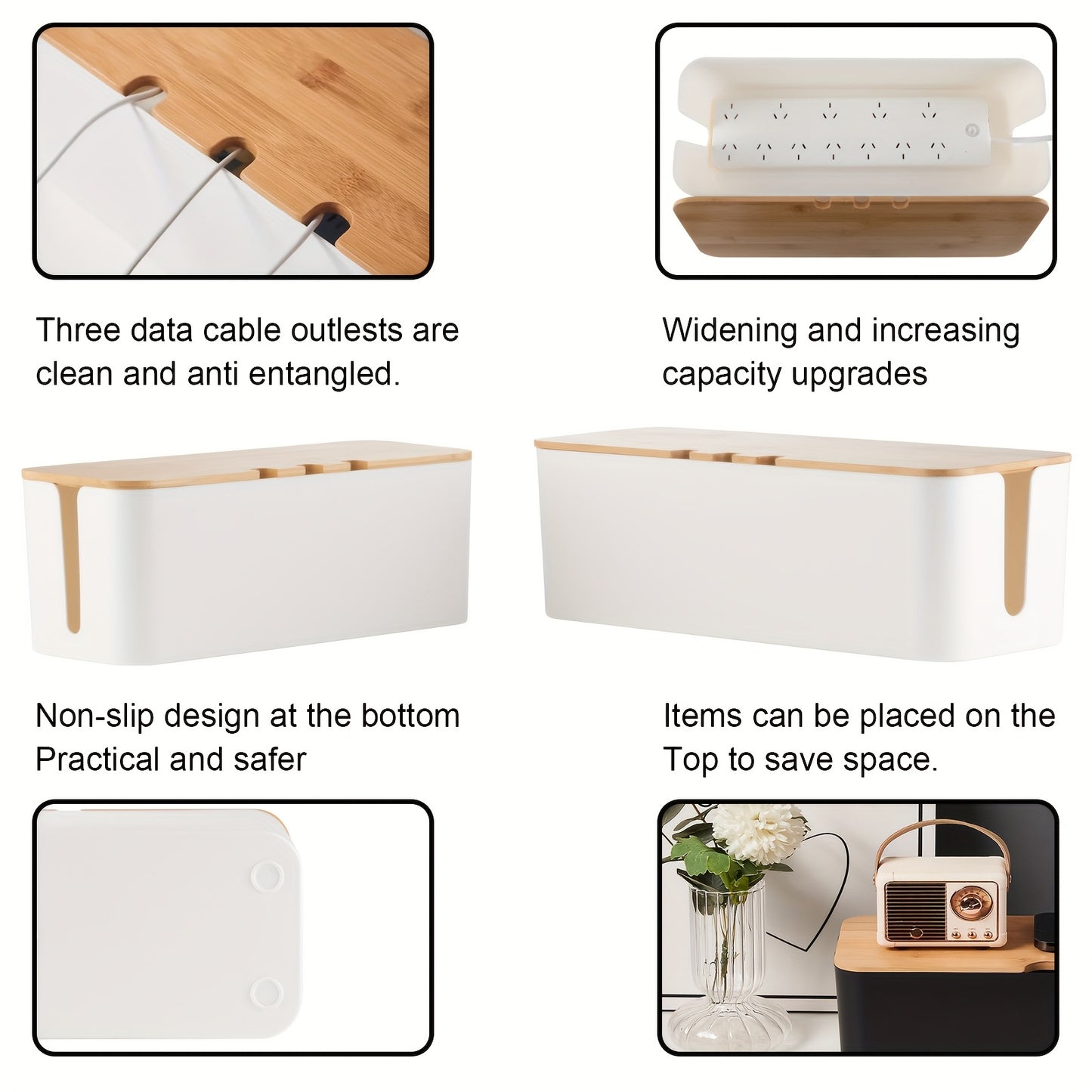 Large & Medium Cable Organizer Box with Bamboo Lid-White