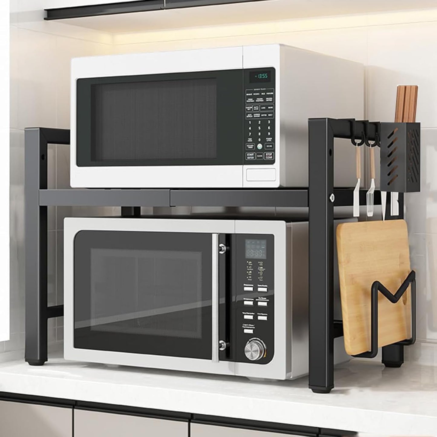 Universal Expandable Microwave Oven Rack, 2 Tier Kitchen Countertop Shelf
