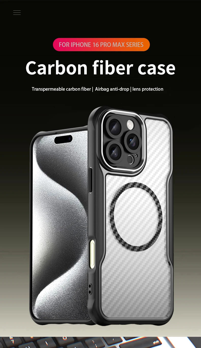 For Apple iPhone 16 Series Magnet Shockproof Carbon Fiber Case