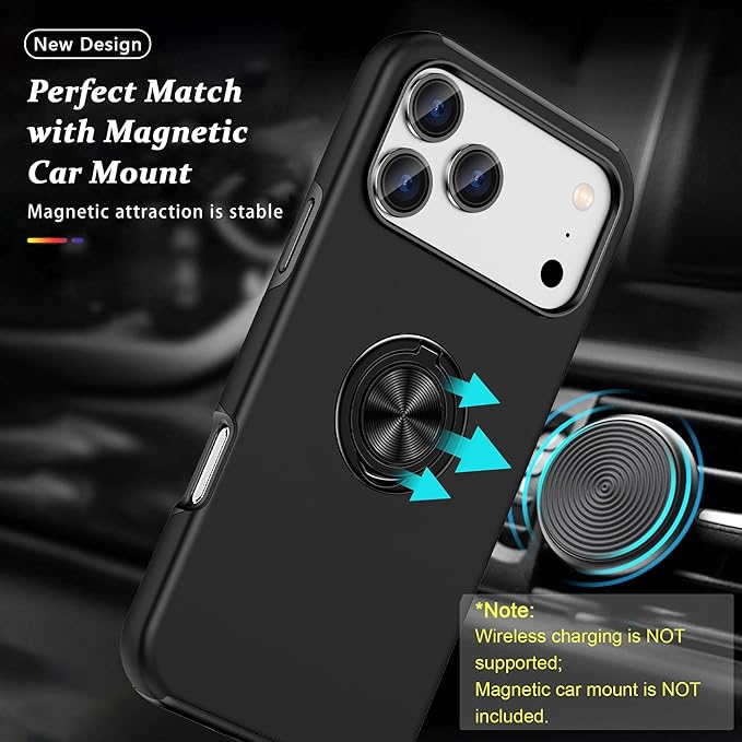 For iPhone 17 Pro Case with Metal Ring Stand-Black