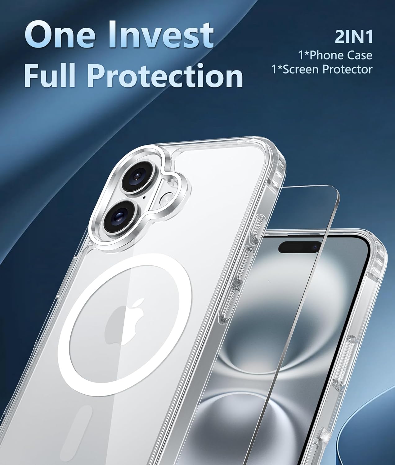 For iPhone 16 Plus Clear Magnetic Slim Case with a Tempered Glass Screen Protector
