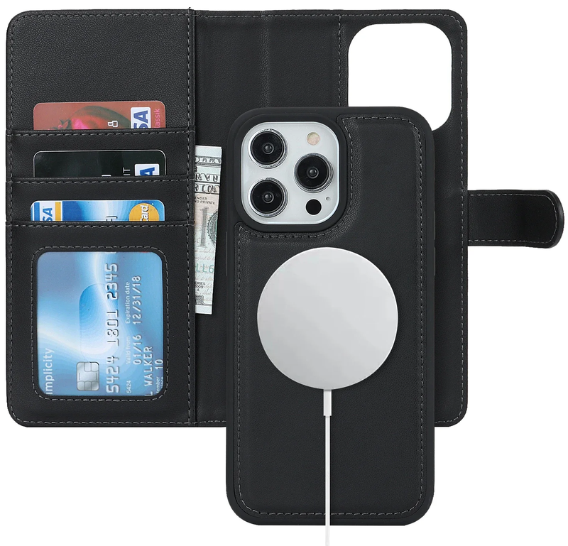 For iPhone 16 Pro Max Magnetic Detachable Black Wallet Case