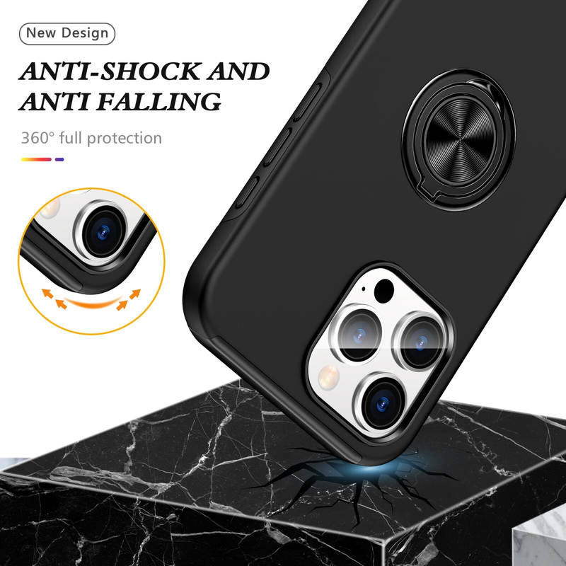 For iPhone 14 Pro Slim Case with Metal Ring Stand,Black