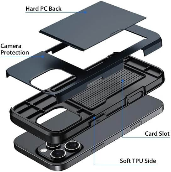 For iPhone 15 Pro Max Slide Card Holder Shockproof Case Cover-Black Colour