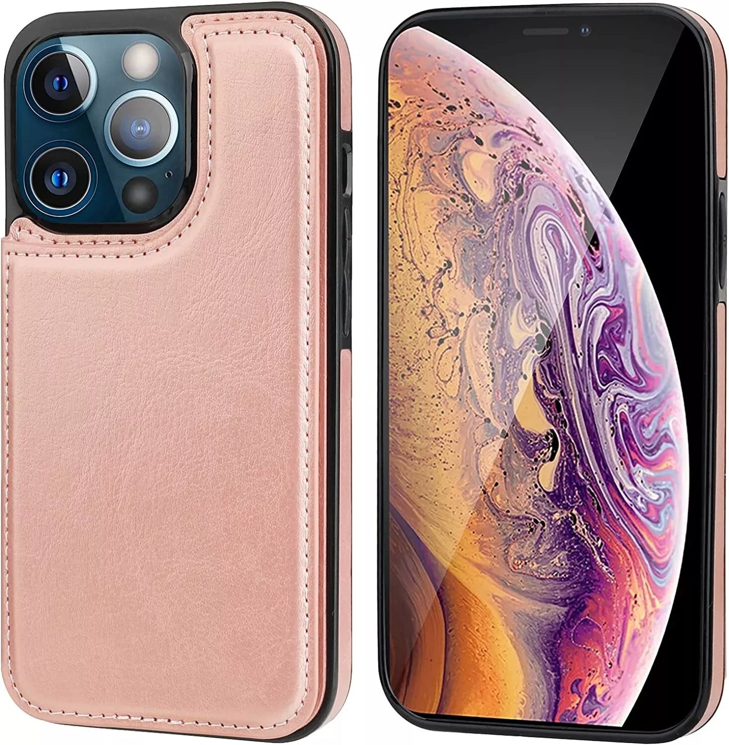 For iPhone 14 Pro Max Back Wallet Case with Card holder Rosegold