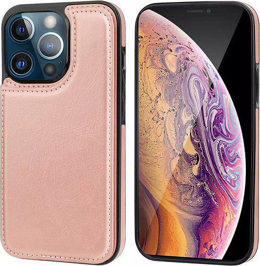 For iPhone 14 Back Wallet Case with Card holder Rosegold