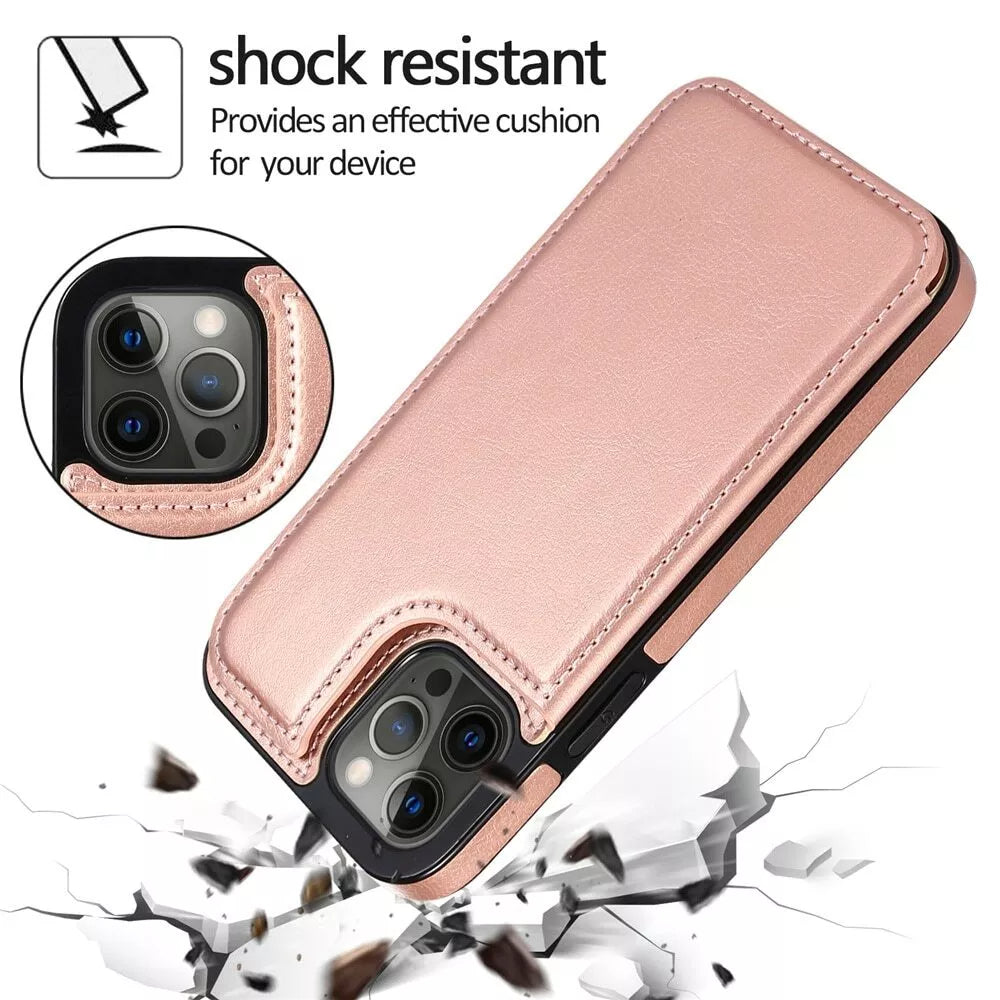 For iPhone 14 Pro Max Back Wallet Case with Card holder Rosegold