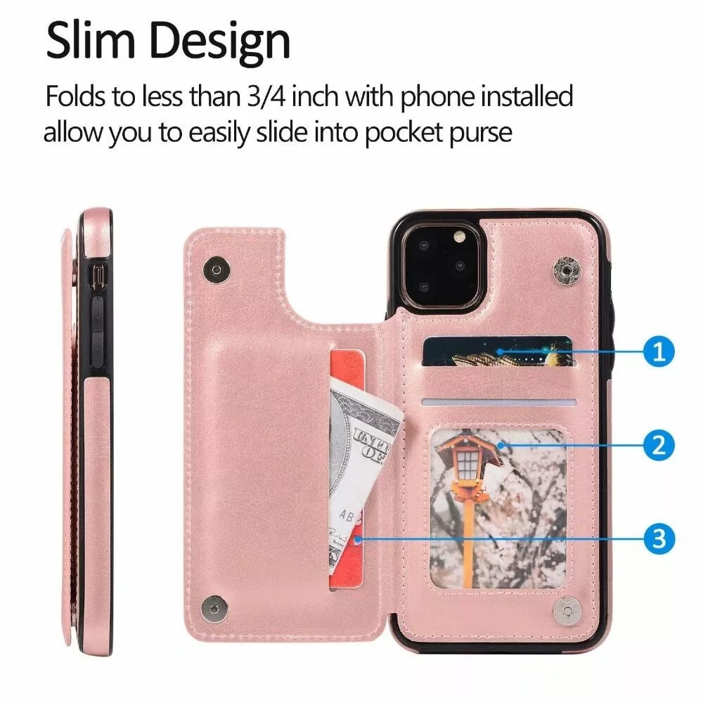 For iPhone 14 Pro Max Back Wallet Case with Card holder Rosegold