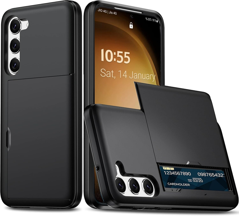 For Samsung Galaxy S23 Plus Slide Case Card Holder Black + 2 Screen Protectors