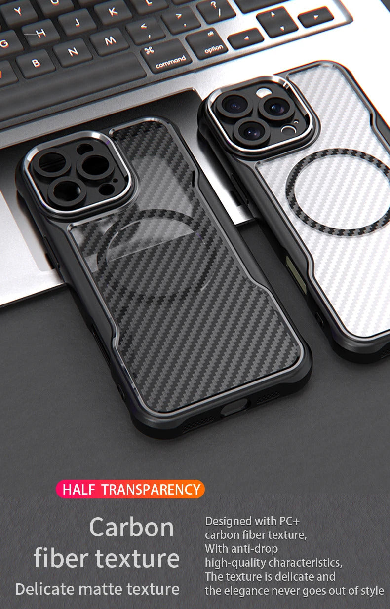 For Apple iPhone 16 Series Magnet Shockproof Carbon Fiber Case