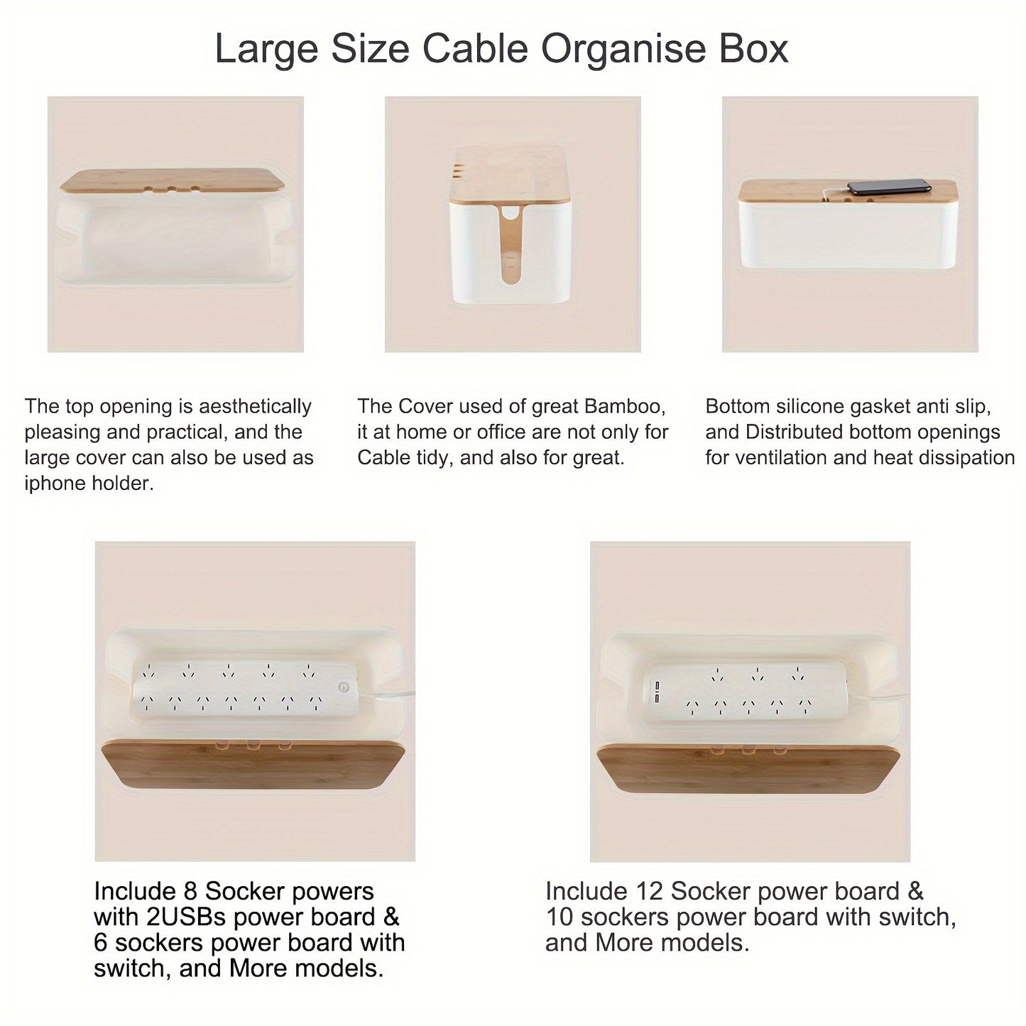 Large & Medium Cable Organizer Box with Bamboo Lid-White