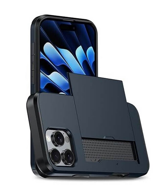 For iPhone 14 Pro Slide Card Holder Shockproof Case Cover Navy Blue
