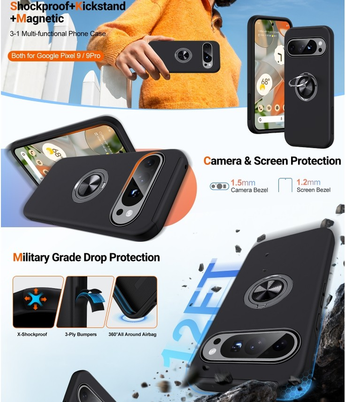 For Google Pixel 6a Shockproof Ring Magnetic Phone Case-Black