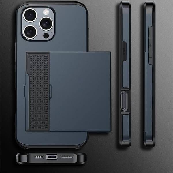 For iPhone 16 Pro Max Slide Card Holder Shockproof Case Cover-Navy Blue
