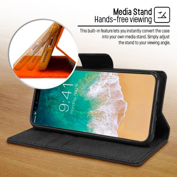 For iPhone 15 Canvas Wallet Flip Case with Card Slots Case-Black