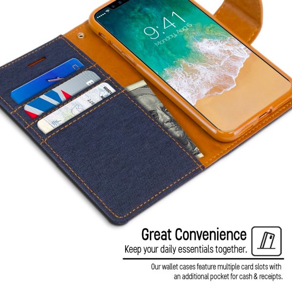 For iPhone 15 Pro Max Canvas Wallet Flip Cover Case With Card Slot-Navy Blue