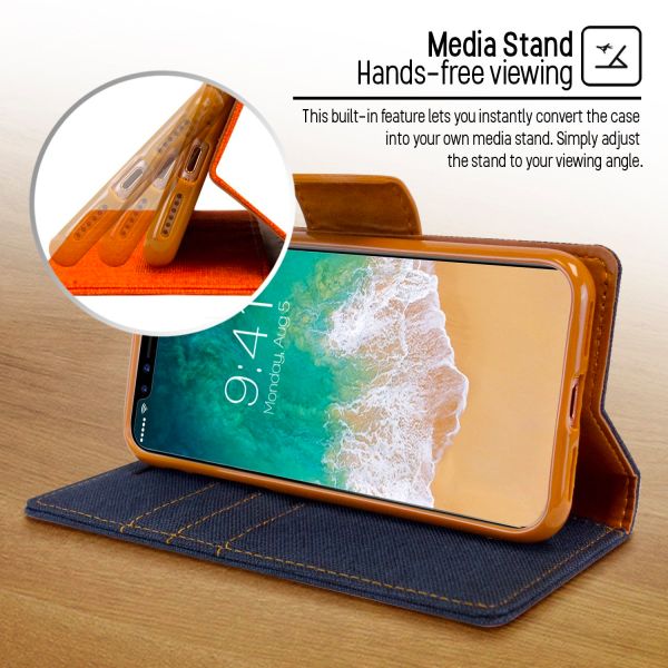 For iPhone 15 Pro Max Canvas Wallet Flip Cover Case With Card Slot-Navy Blue