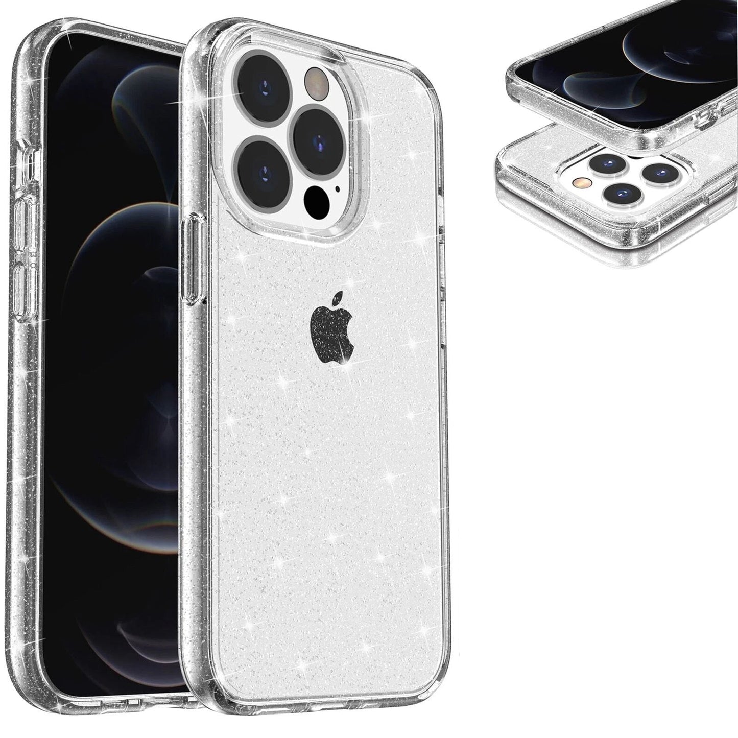 For iPhone 14 Pro Clear Bling Sparkle Shockproof Phone Cover + 2 Screen Protectors