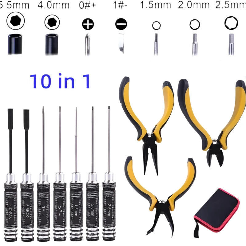 10 in 1 RC Car Tool Kit Screwdriver Set Pliers Hex Sleeve Socket Repair Tools