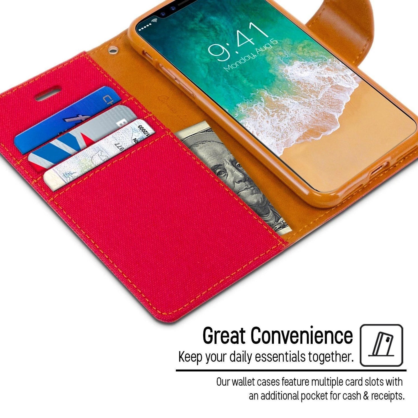 For iPhone 14 Pro Max Canvas Wallet Flip Cover Case with Card Slots Case Cover-Red