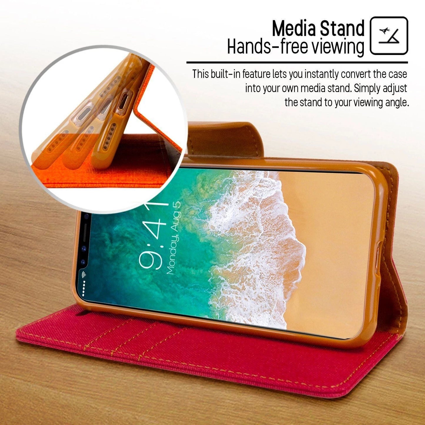 For iPhone 14 Pro Max Canvas Wallet Flip Cover Case with Card Slots Case Cover-Red