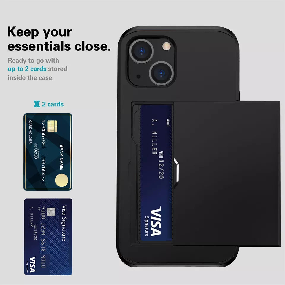 For iPhone 14 Slide Card Holder Shockproof Case Cover-Black Colour