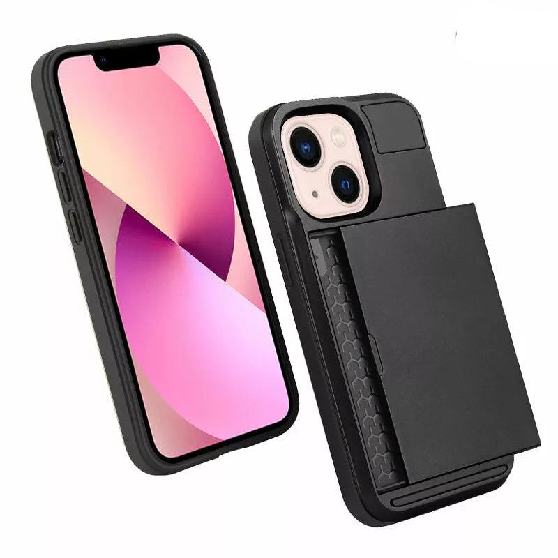 For iPhone 14 Slide Card Holder Shockproof Case Cover-Black Colour