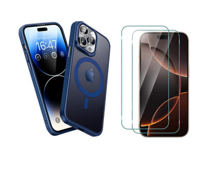 Slim Magsafe Shockproof Blue Case For iPhone 14  + 2 x Glass Screen Protectors