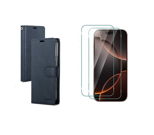 For iPhone 17 Pro Max Wallet Navy Blue Case + 2 x Screen Protectors