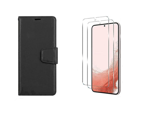 For Samsung Galaxy A15 Wallet Case Black + 2 x Screen Protectors