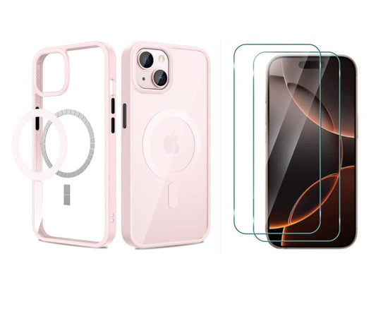 Slim Shockproof Pink Case For iPhone 15 + 2 x Glass Screen Protectors