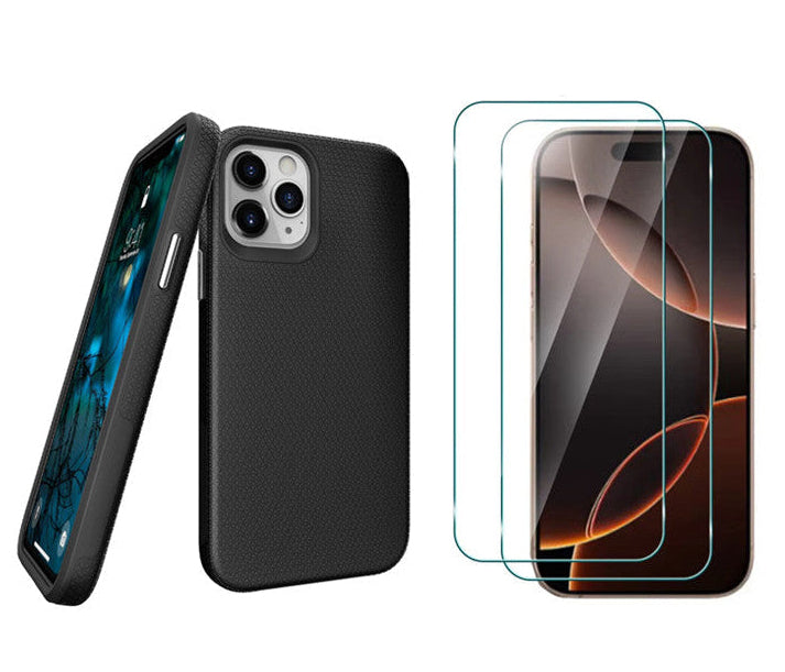 For iPhone 13 Pro Max Shockproof Rugged Black Case + 2 x Screen Protector