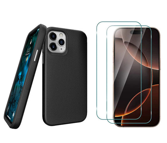 For iPhone 15 Pro Max Shockproof Rugged Black Case + 2 x Screen Protector
