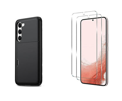 For Samsung Galaxy S23 Plus Slide Case Card Holder Black  + 2 Screen Protectors