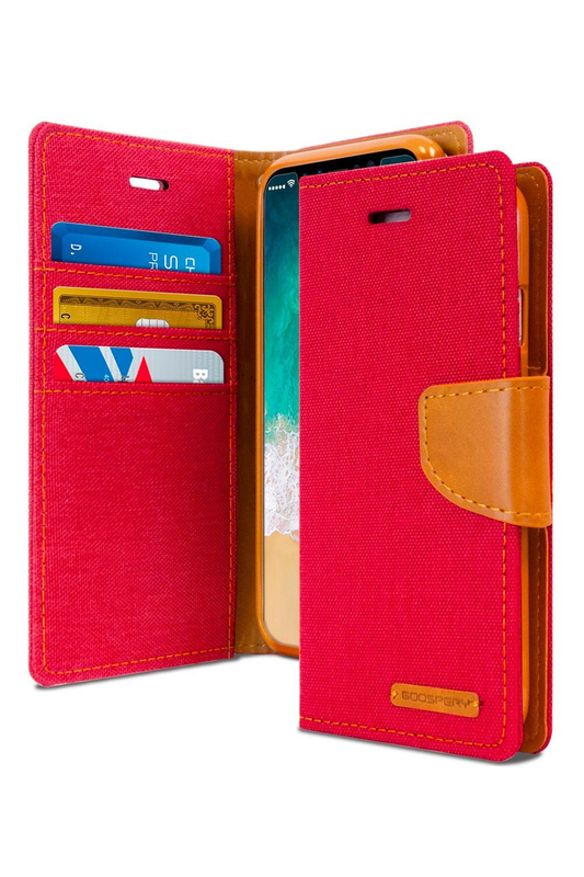 For iPhone 16 Pro Max Canvas Wallet Flip Cover Case with  Card Slots Case Cover-Red