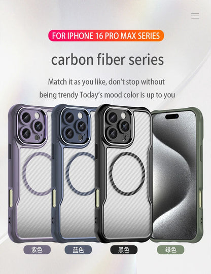 For Apple iPhone 16 Series Magnet Shockproof Carbon Fiber Case