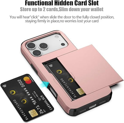 For iPhone 17 Pro Slide Card Holder Shockproof Case Cover-Rose Gold