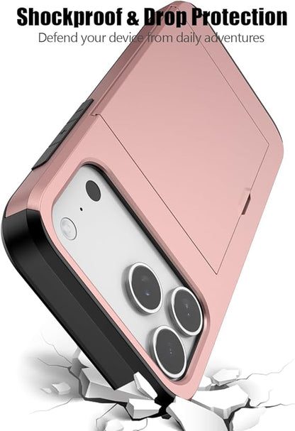 For iPhone 17 Pro Slide Card Holder Shockproof Case Cover-Rose Gold