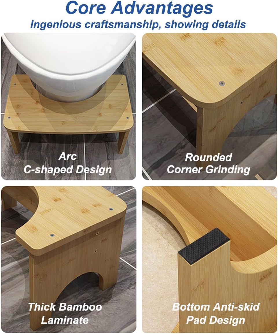 Bamboo Toilet Stool -  Non-Slip Squat Stool for Adults and Kids,Portable Bathroom Foot Support