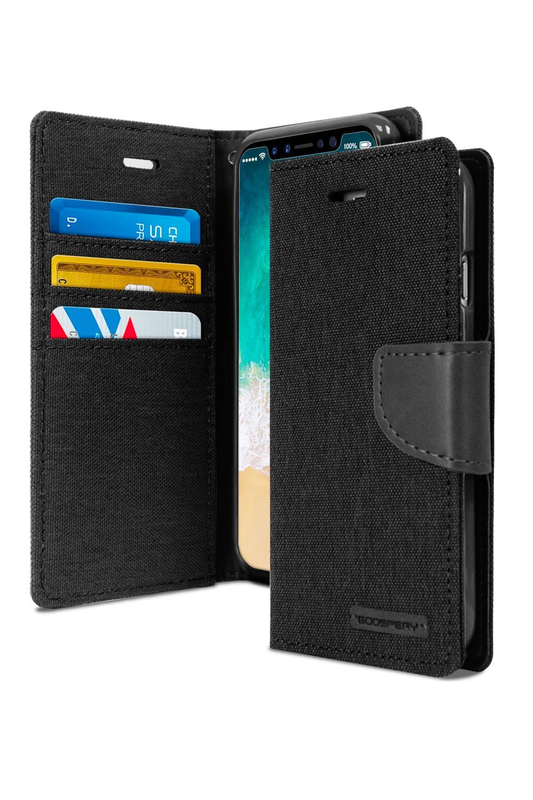 For iPhone 16 Pro Canvas Wallet Flip Case with  Card Slots Case-Black