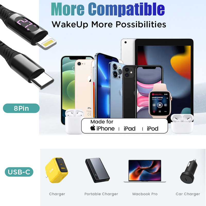 3 PCs Braided Type C to lightning  27W PD Fast Charging data Cable-2m