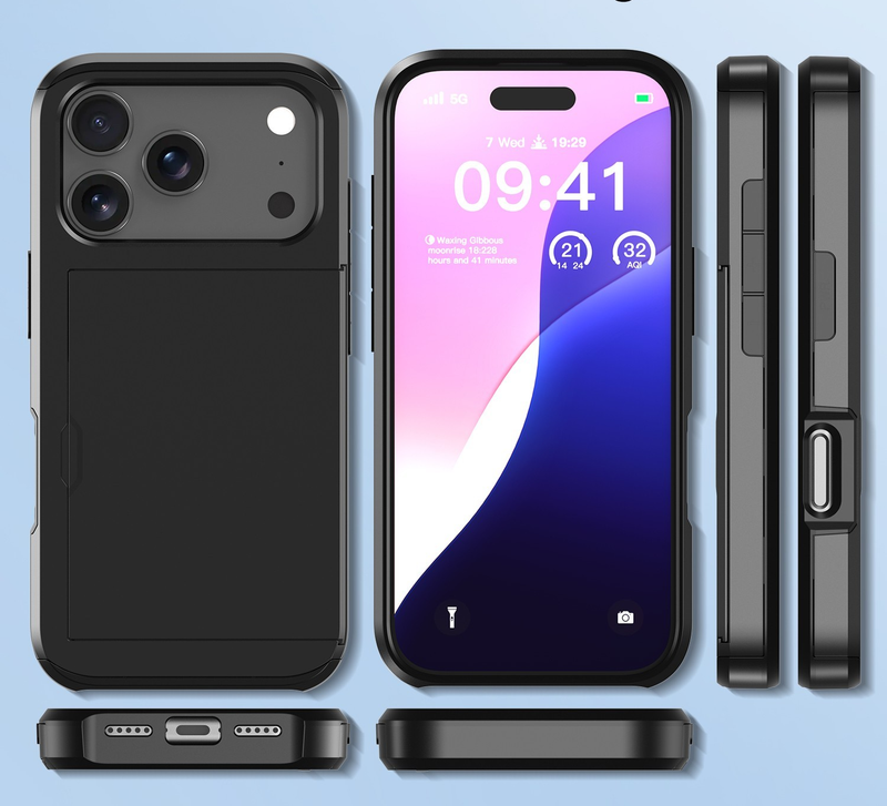 For Apple iPhone 17 Pro Max Slide Wallet Card Shockproof Cover-Black