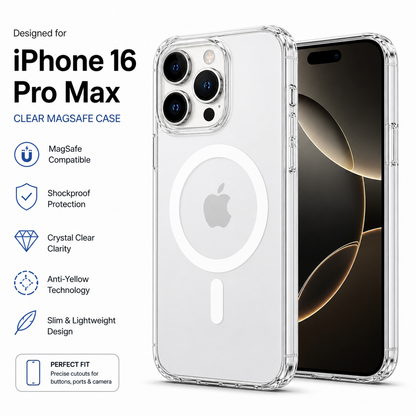 iPhone 16 Pro Max Clear MagSafe Case – Anti-Yellow, Strong Magnetic Hold, Shockproof Slim Protective Cover