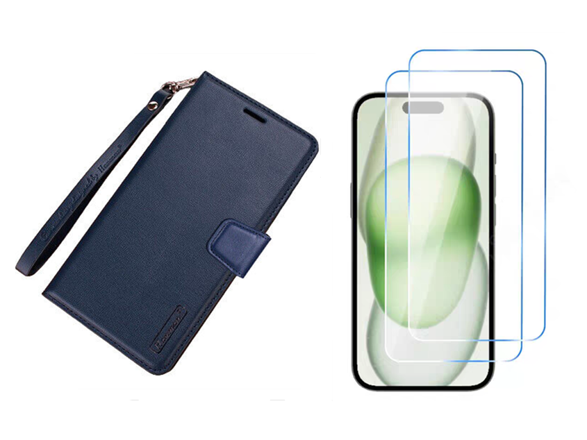 For iPhone 17 Wallet Lanyard Case Navy blue + 2 Screen Protectors